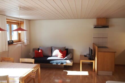 Familienurlaub Wohnzimmer Küche Ferienwohnung Schoppernau Bregenzerwald